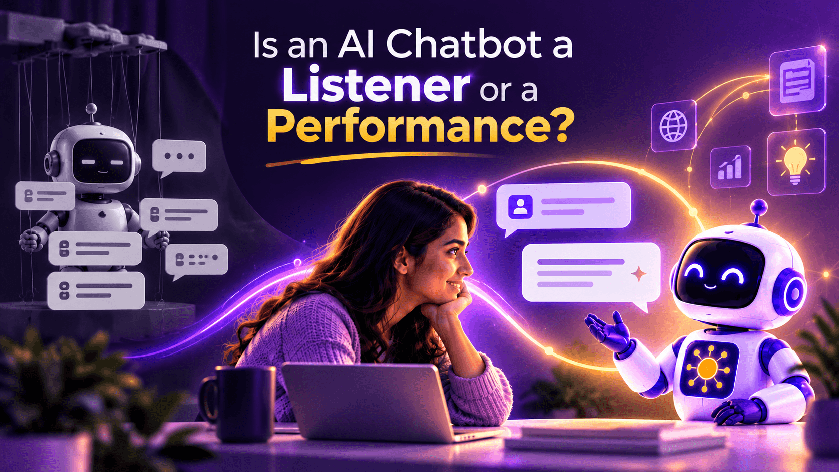 A grey scripted robot on puppet strings reciting canned speech bubbles beside a visitor smiling at a glowing AI chatbot that responds to what she said
