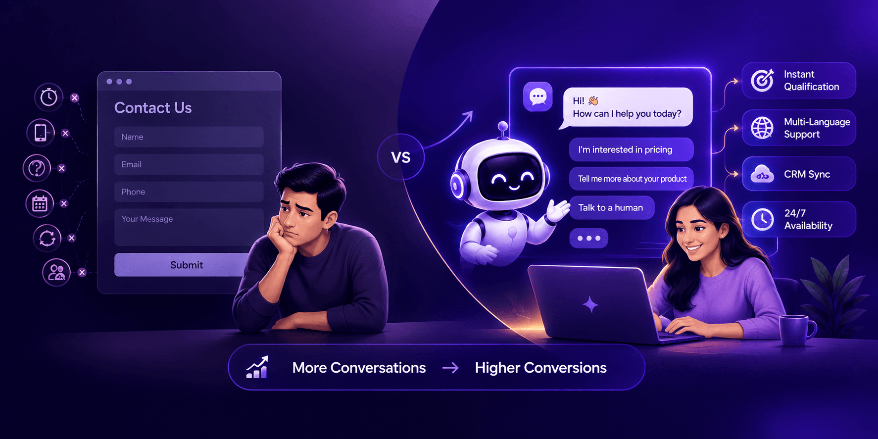 A website visitor choosing a conversational AI chatbot over a blank contact form, illustrating the trust gap between the two