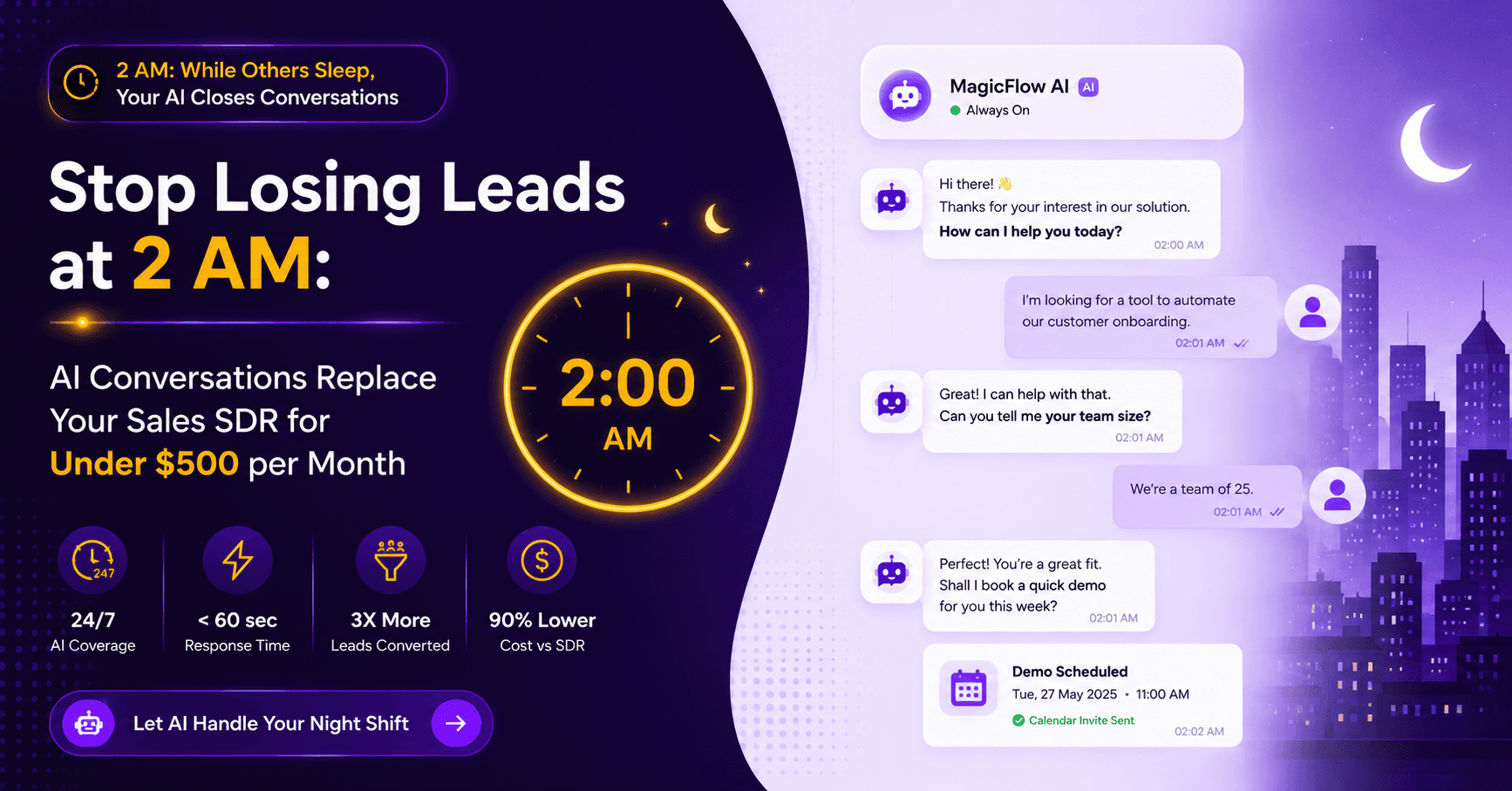 Stop losing leads at 2 AM with MagicFlow AI replacing SDR qualification overnight