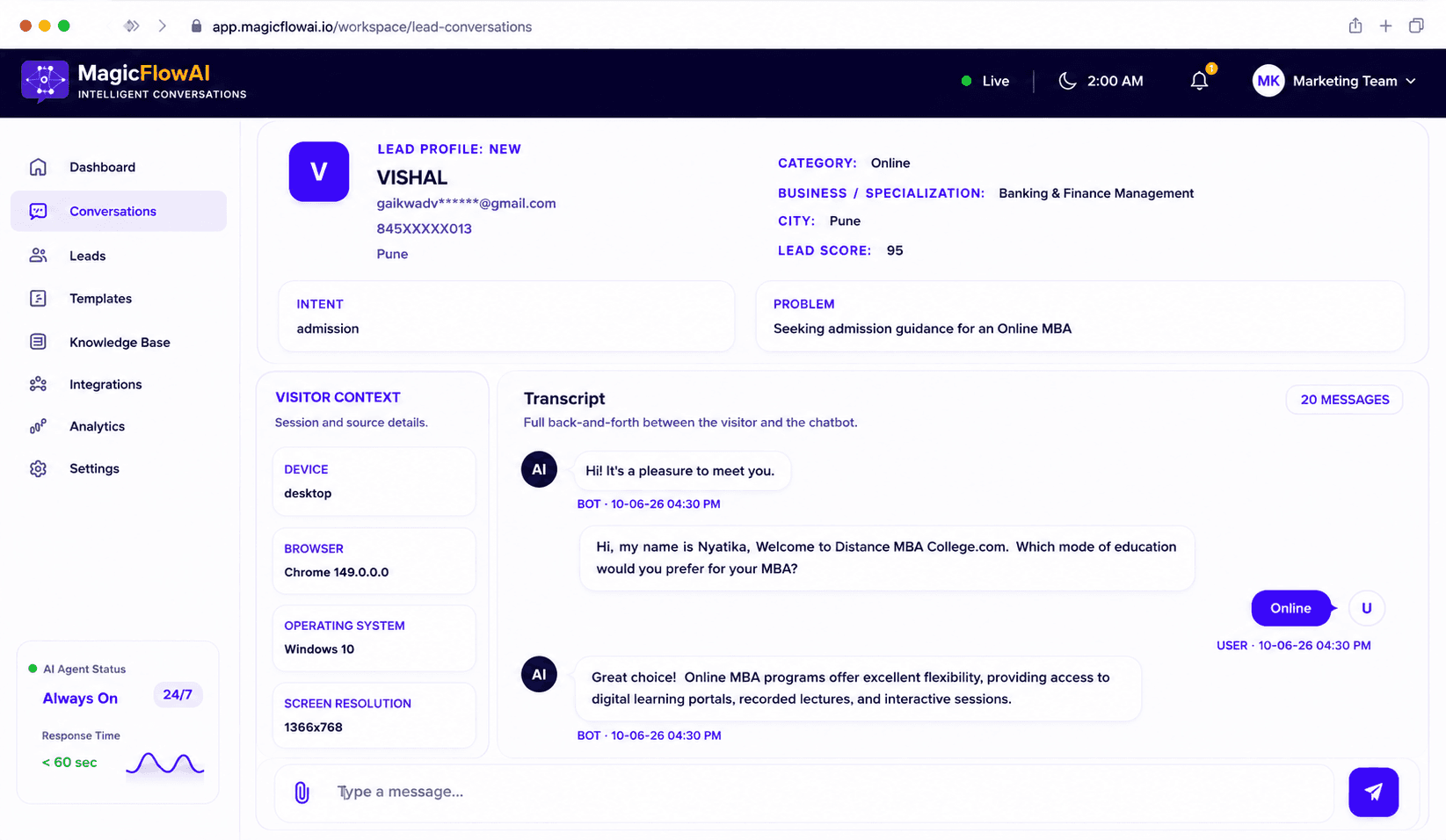 MagicFlow AI dashboard running overnight sales conversations, lead qualification, and handoff workflows