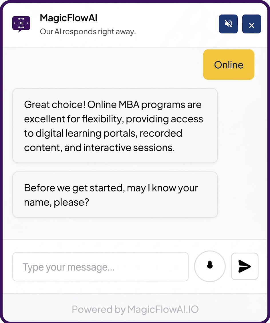 MagicFlow AI chatbot preview showing intelligent conversational AI on a website
