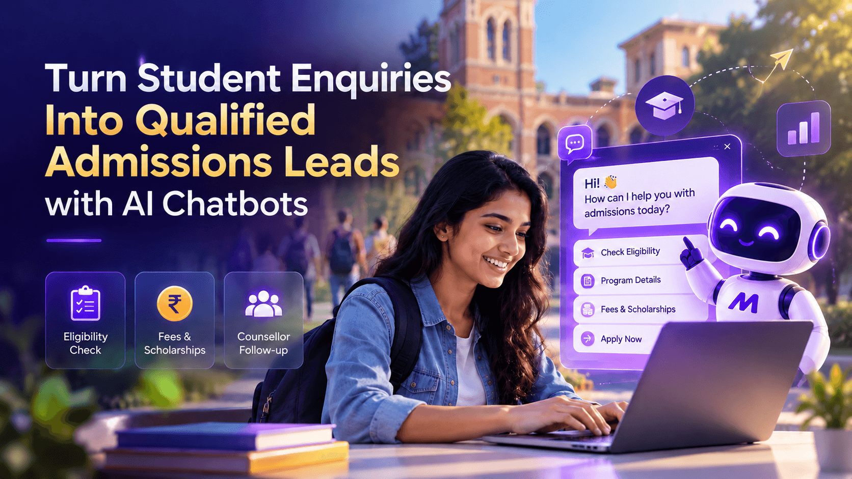 A student on a laptop chatting with an AI admissions chatbot offering eligibility check, program details, fees and scholarships, and apply now options