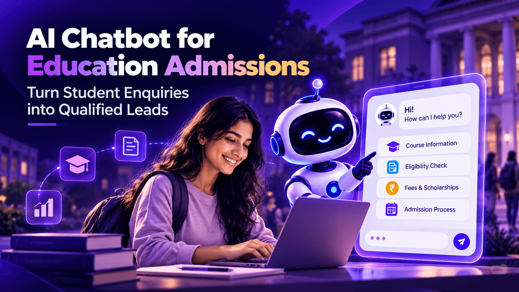 An AI admissions chatbot answering a prospective student's MBA eligibility question and turning it into programme, eligibility, intake, lead score and counsellor routing